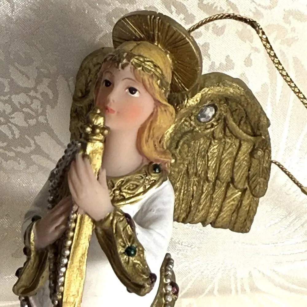 VTG Christmas Harp Angel Holiday Tree Ornament Clear Glass Flute Bell Skirt 4”